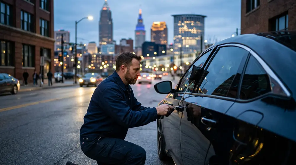 Locksmith opening a car door on a Cleveland street at dusk