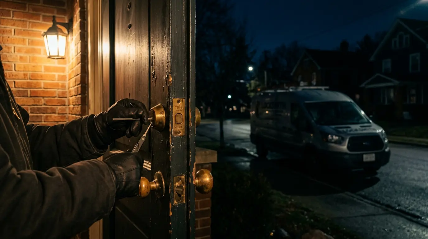 Locksmith rekeying a front door deadbolt at night with a service van parked outside